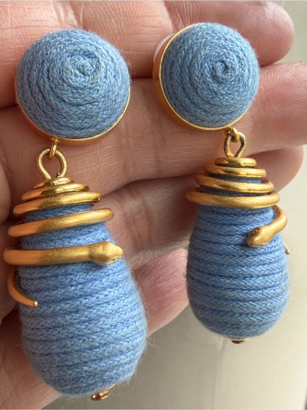 Hand-Wrapped Light Blue Woven Textile Drop Earrings with Gold Serpent Accents - Picture 7 of 13